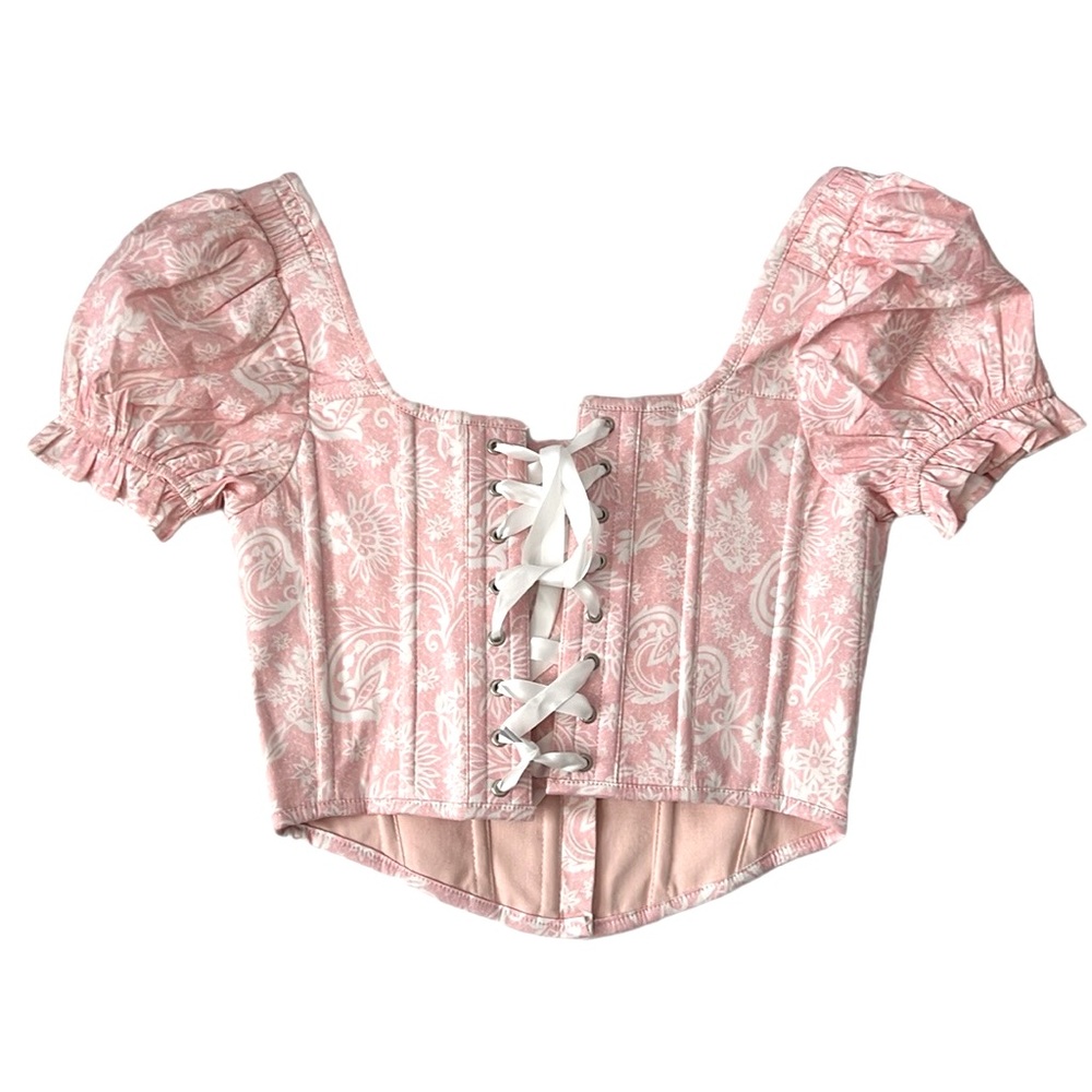 Corset Story Pink English Rose Corset Cottagecore Coquette Lace Up Crop Bustier - Picture 2 of 12
